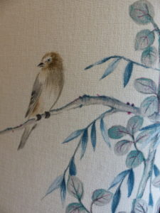 Détail peinture textile Stéphane Gillig oiseau japon